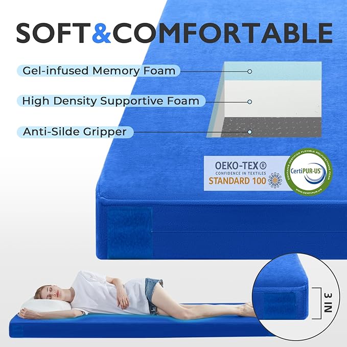 Kingfun 3 Inch CertiPUR-US Memory Foam Camping Mattress Waterproof Roll up Sleeping Pad Thick Floor Sleeping Mats for Tent with Removable Travel Bag