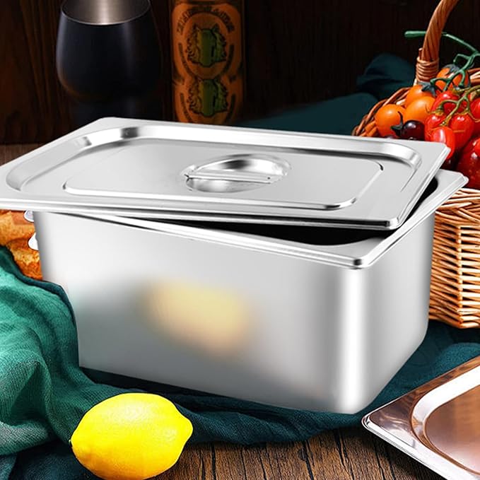 4 Pack Hotel Pans with lids 1/3 Size x 6 Inch Deep Steam Table Pan Reusable Anti Rust Catering Storage Food Pan Stainless Steel Steam Table Pans for Home Party Hotel Restaurant Buffet