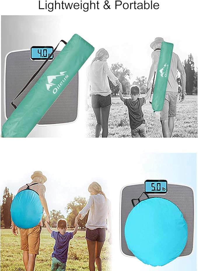 Oileus X-Large 4 Person Beach Tent Sun Shelter - Portable Sun Shade Instant Tent for Beach with Carrying Bag Stakes 6 Sand Pockets Anti UV for Fishing Hiking Camping Waterproof Light Green