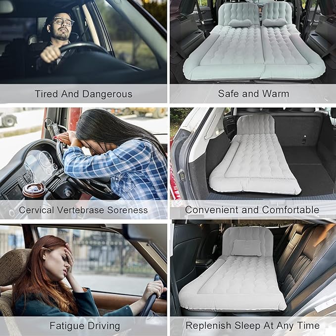 3 in 1 Car Air Mattress SUV Mattress for Back Seat Cargo Area Car Mattress with Electric Air Pump-2 Support Fillers &amp 2 Pillows Fits SUV|MPV|Sedan|Minivan for Road Trip Camping Grey