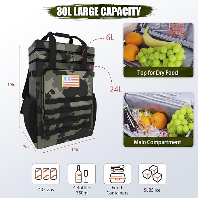 Tactical Backpack Cooler + 1P Tent Leakproof 40 Cans Soft Cooler Backpack Single 1 Person Tent for Backpacking Hiking