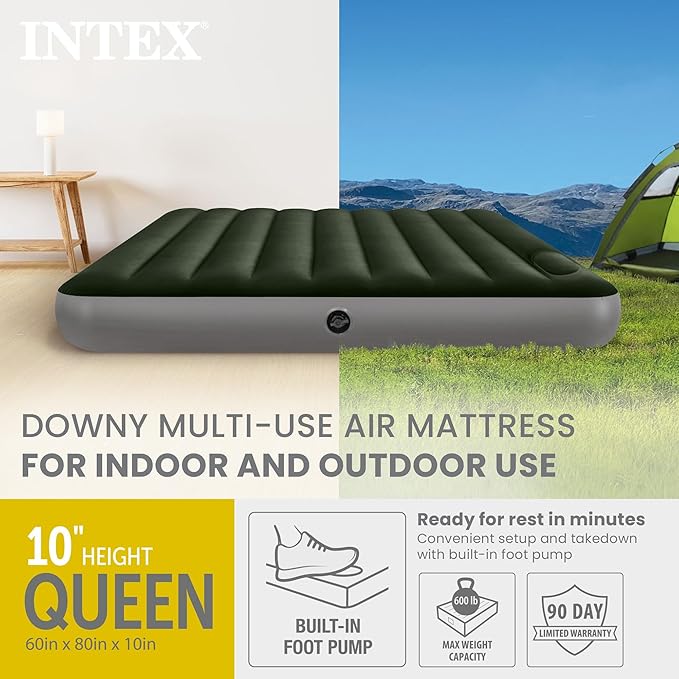 Intex 64763E Dura-Beam Standard Downy Air Mattress: Fiber-Tech – Queen Size – Built-in Foot Pump – 10in Bed Height – 600lb Weight Capacity