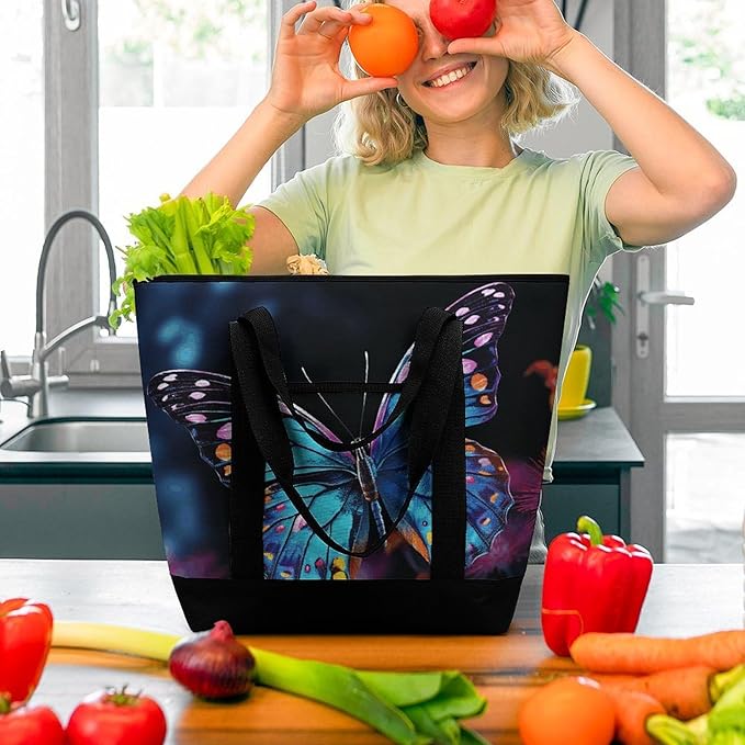 Insulated Shopping BagLarge Reusable Cooler Bags Charming Butterfly Printed Foldable Shopping BagTravel Waterproof Shoulder Bag
