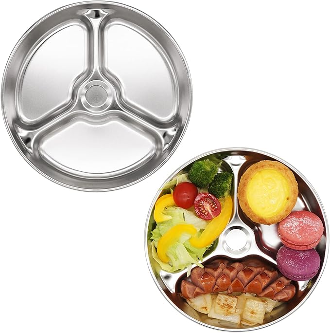 Korean Stainless Steel Divided Plates for Toddlers Kids Babies 8-Inch Premium 304 Electro-Polished No Black Residue BPA-Free Round 3-Compartment Food Tray Camping Diet Control Set of 2