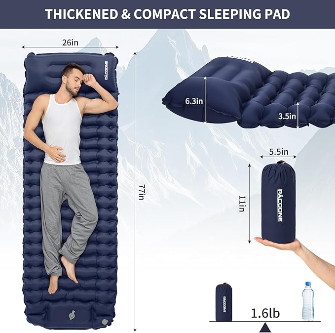 Camping Sleeping Pad Connectable Design for Double Mat Ultralight Inflatable Sleeping Mat with Pillow Built-in Foot Pump Portable Camping Air Mattress for Backpacking Hiking Tent (Navy)