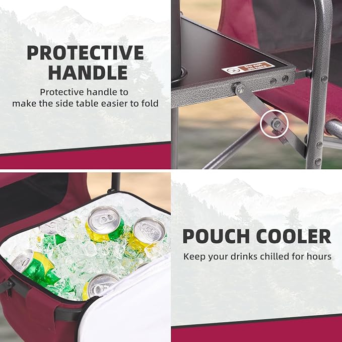 Director Camping Chair with Cooler Bag &amp Foldable Side Tray - 400lbs Heavy Duty Outdoor Folding Lawn Chair Portable Camp Chair for Backyard Fishing Beach (Red)