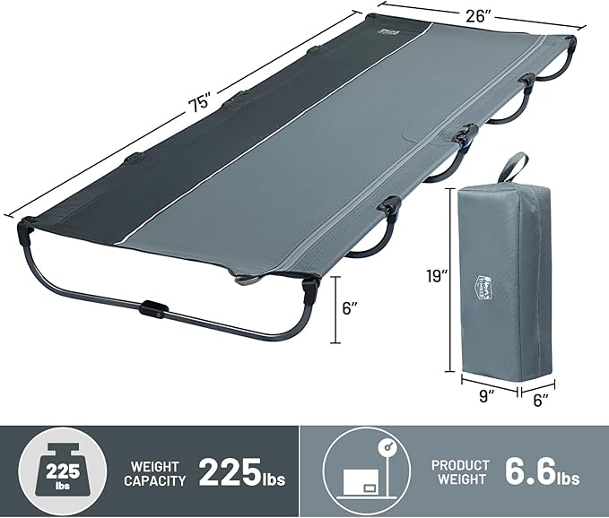 TIMBER RIDGE 20-Second Quick Set-Up Camping Cot Lightweight Aluminum Folding Cot with Zipper Closure Portable Carry Bag Included for Camping Travel and Outdoors Support up to 225lbs Grey 2pcs