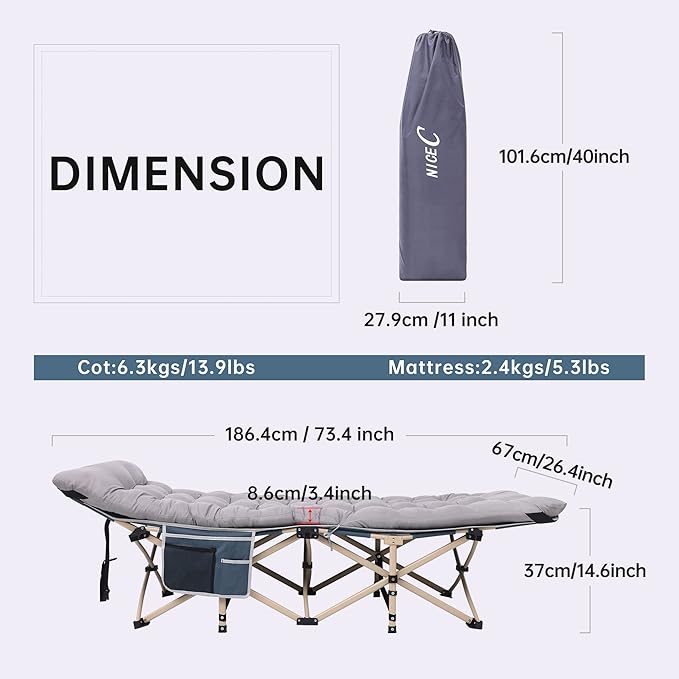 Nice C Camping Cots with Cushion Camping Cots with Mattress for Adults Folding Cot with Pillow Carry Bag &amp Storage Pocket Extra Wide Sturdy Holds Up to 500 Lbs (1 Mattress Grey)