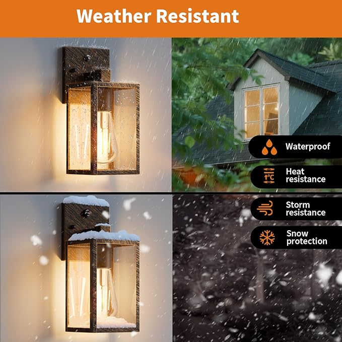 2 Pack Black Brush Gold Dusk to Dawn Exterior Lighting Fixtures Wall Mount Sensor Outside Front Porch Lights for House Outdoor Lantern Lamp Wall Sconce Lights Coach Light for Garage Entryway