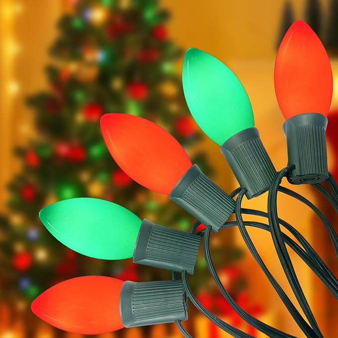 C9 LED Christmas String Lights 25FT Vintage Multicolor Lights with 27 C9 Red/Green Ceramic LED Bulbs Outdoor String Lights for Christmas Tree Party Backyard - Green Wire