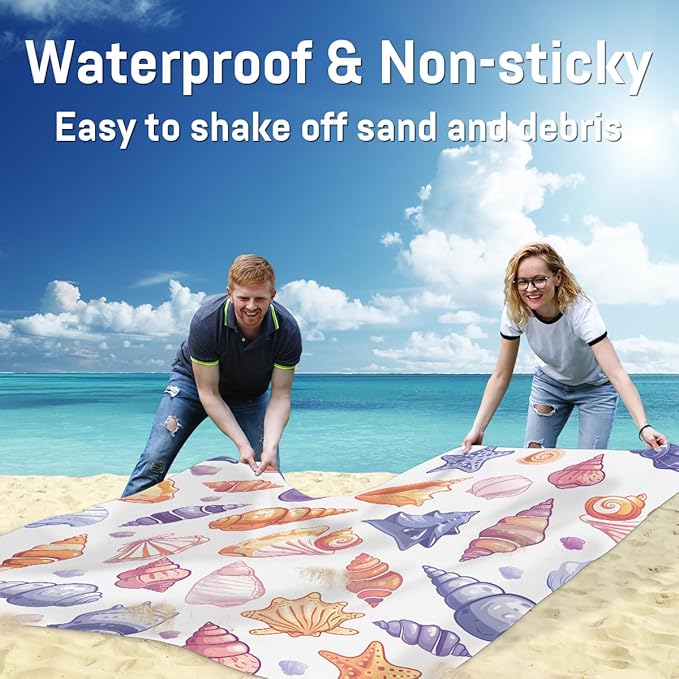 Waterproof Sandproof Beach Blanket 59''×68'' Multi-Color Shell Polyester Outdoor Picnic Blanket with 4 Stakes &amp Storage Bag for BeachCampingVacation White