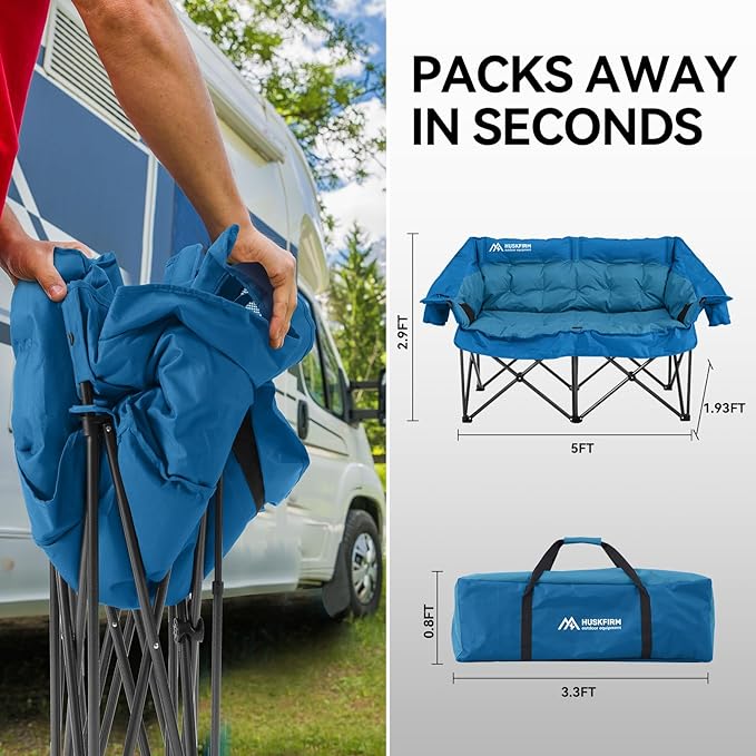 Double Camping Chairs Padded Loveseat Chair for 2 Person - Heavy Duty Oversized Camping Couch for Adults Outdoor Lawn Beach - Portable Folding Sofa with Cup Holders and Carry Bag Bright Blue