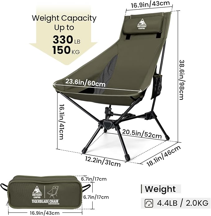 ONETIGRIS Tigerblade High Back Camping Chair with Pillow Design Comfortable Widened Seat Folding Chair