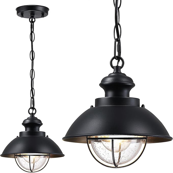 Outdoor Hanging Lights Farmhouse Exterior Pendant Light Lantern with Adjustable Chain Matte Black Outdoor Chandelier with Seeded Glass for Front Porch Gazebo Entryway Breezeway Pergolas