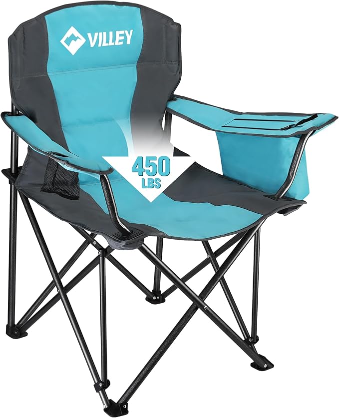 VILLEY Camping Chair Oversized Folding Camp Chair Portable Outdoor Chairs Support 450 LBS with Padded Seats Cooler Bag Cup Holder Carry Bag Blue