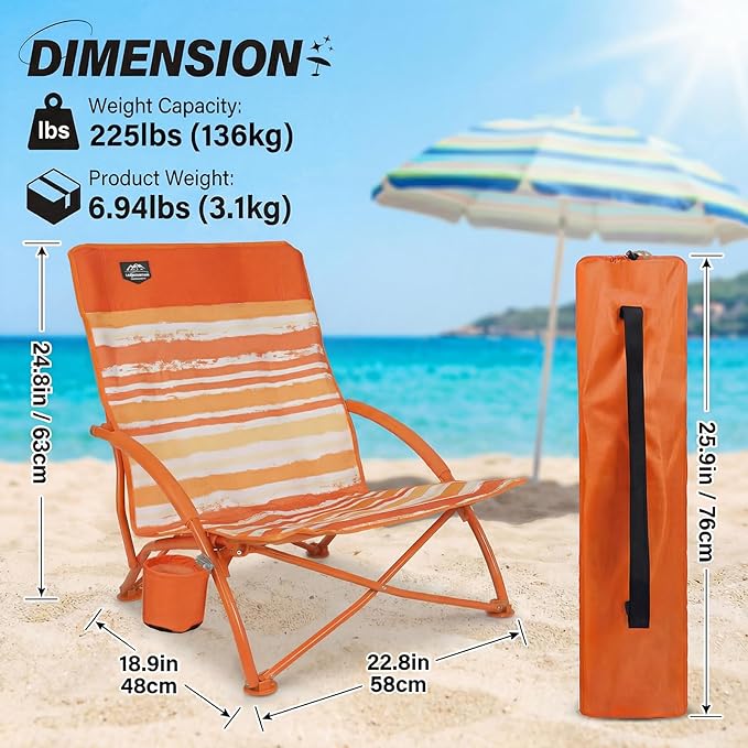 2 Pack Low Beach ChairFolding Recliner Camping Chair for AdultsLightweight Backpacking Low Seat Camping Chairs with Cup HolderCarry Bag for Outdoor Camp Picnic FestivalOrange Strip