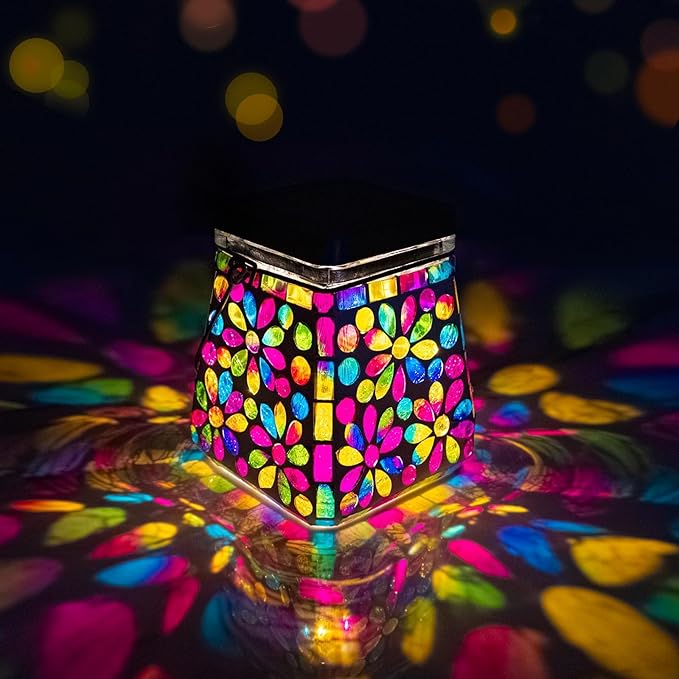VOREEN Mosaic Glass Solar Lantern &amp Table Lamp 600mAh Solar Powered Outdoor Light Dual Modes Warm White &amp RGB Waterproof IP44 Garden Patio Yard Decor Handmade Gift for Women Mom Friends
