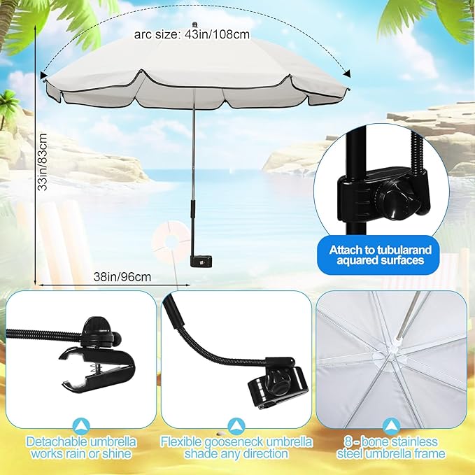 Karenhi 2 Set Beach Camping Chair with Umbrella for Adult Folding Reclining Camping Chair with Foot Rest Adjustable Clamp Canopy Shade for Outdoor Patio Travel Beach (Beige)