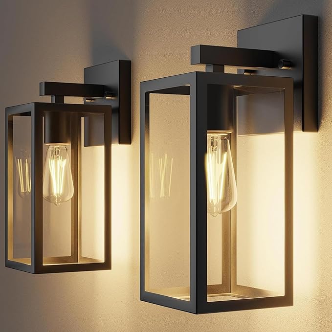 Kalium Porch Lights Outdoor Wall Light Fixture 2pcs Matte Black Wall Sconce 12.4 in Toughened Frame Clear Glass Shade Waterproof Lanterns for Patio Exterior Front Door Entryway