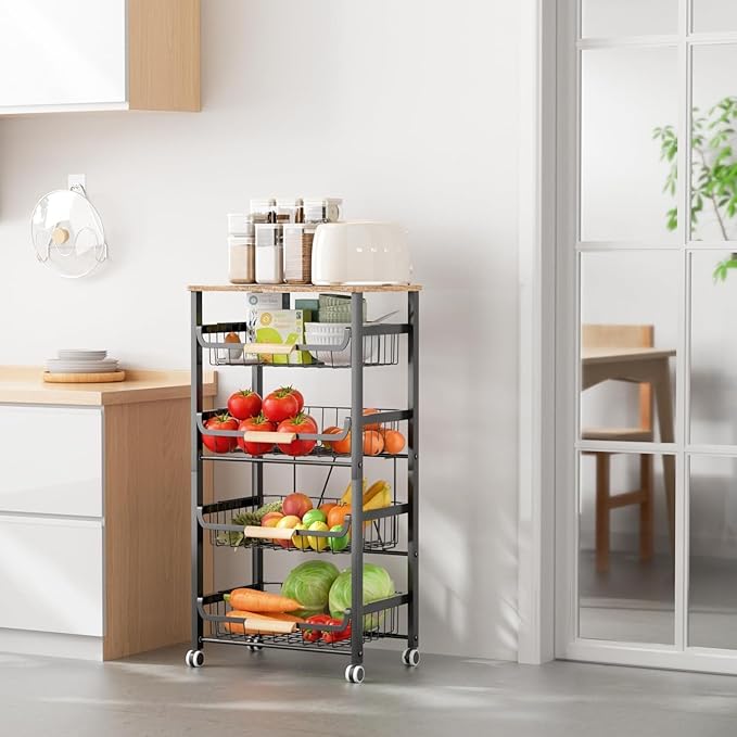 5 Tier Fruit Basket Kitchen Food Stora Hanging Rack Stackable Stora Cart