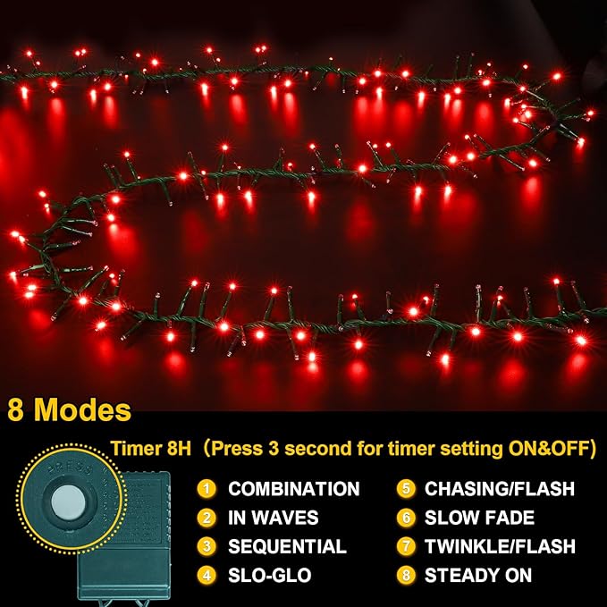 LAMPHOME 500 LED String Lights Outdoor 11 Modes Plug in Twinkle Fairy Lights for Bedroom 46ft 500LED Christmas Lights Cluster Lights Outdoor Waterproof Green-Red