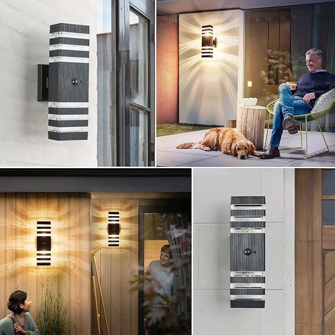 Motion Sensor Outdoor Wall Light Fixture Up Down Porch Lights Modern Dusk to Dawn Exterior Sconce Wall Mount Outside Coach Lantern for House Front Door Garage (Include 2 Free Dimmable Bulbs)