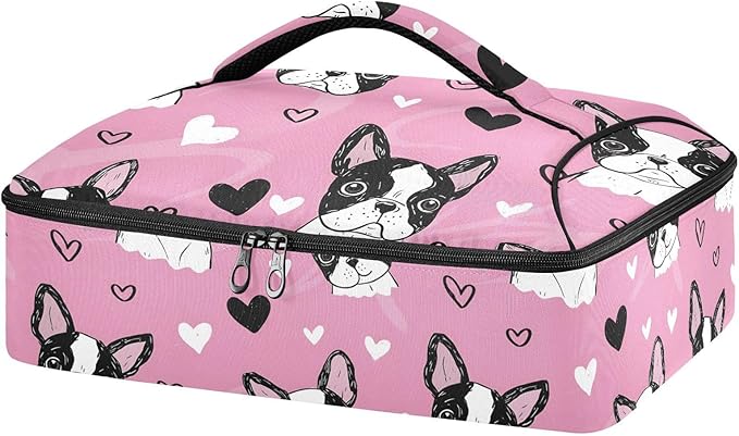 Casserole Carrier Pink Dog White HeartsInsulated Casserole Carrier for Hot or Cold Food Thermal Lunch Tote for Potluck Parties Picnic Beach Fits 9 x 13 Inches Baking Dish