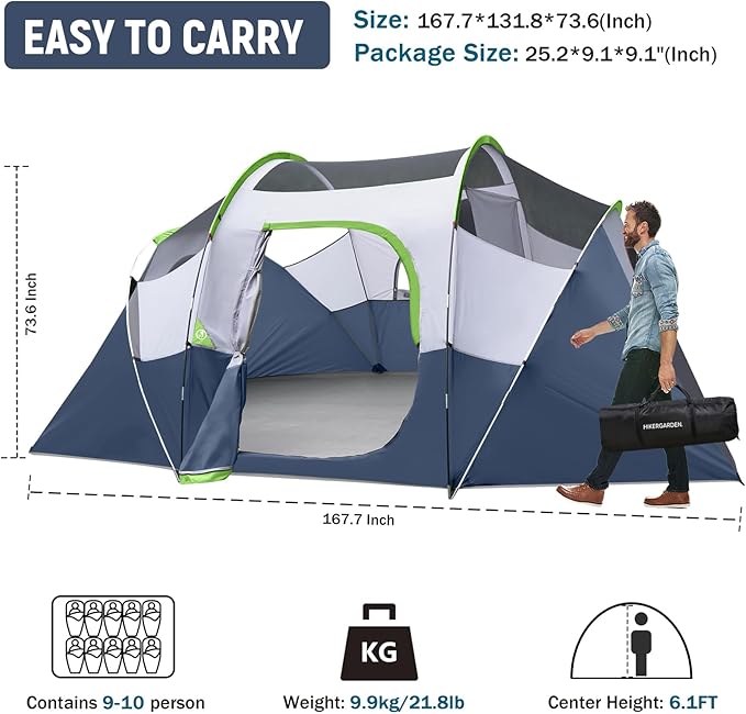 HIKERGARDEN 10 Person Camping Tent - Portable Easy Set Up Family Tent for Camp Windproof Fabric Dome Tent Outdoor for Hiking Backpacking Traveling-14'x11'x74in(H)