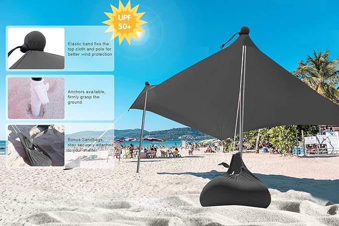 ABCCANOPY Beach Portable Sun Shelter for Beach Camping Trips (7x7 FT Gray)