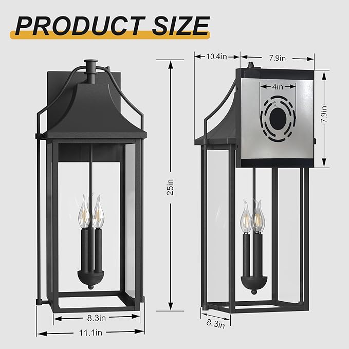 25-INCH Dusk to Dawn Outdoor Wall Light Large Size Waterproof Patio Lanterns 3-Light Exterior Wall Mount Lantern Sconce with Glass Black Wall Sconces for House Garage Front Door