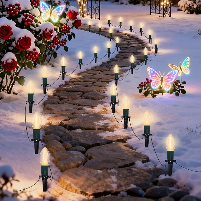 C9 LED Christmas Pathway Lights 38FT Outdoor Warm White Pathway Markers Lights with 25 Stakes Connectable Waterproof Outside Christmas Decorations for Xmas Party Decor Patio Yard Lawn Garden