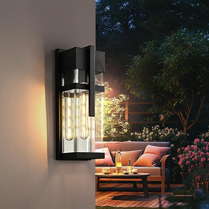 Dusk to Dawn Outdoor Wall Light Waterproof Exterior Lighting Fixtures Black Outdoor Sconces Lights with Tempered Glass 15''H Outside Lantern for Porch Patio Garage2-PackBulb Included