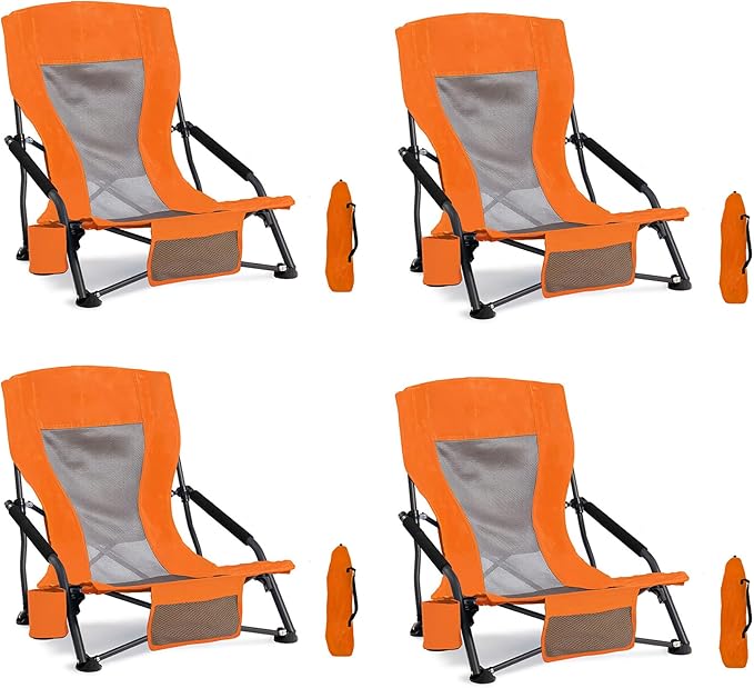 Portable Folding Beach Chair for Adults Set of 4- Lightweight Low Back Sling Chair with Cup Holder 300lbs Capacity Camping Chair for Outdoor Lawn Concert Travel (Orange)
