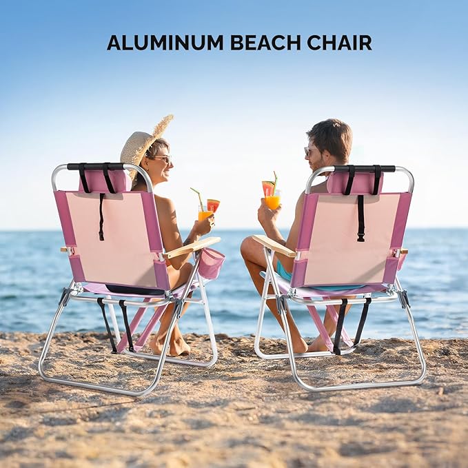 VINGLI Aluminum Backpack Beach Chair – Tall Beach Chairs for Adults Portable with Adjustable Straps 3-Position Reclining Cup Holder High Lightweight Beach Chairs for Beach (Pink 17 High)