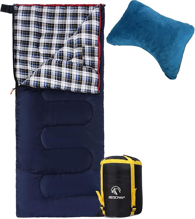 REDCAMP Outdoors Cotton Flannel Sleeping Bag for Camping 3-Season Trip Warm Envelope Sleeping BagsNavy Blue with 2lbs Filling+ Memory Camping Pillow Lightweight with Removable Pillow Cover