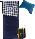 REDCAMP Cotton Flannel Sleeping Bag for Camping 41F/5C Cold Weather Warm and Comfortable Envelope Blue 4lbs(75x33)+Memory Foam Camping Pillow Lightweight Travel with Removable Pillow Cover