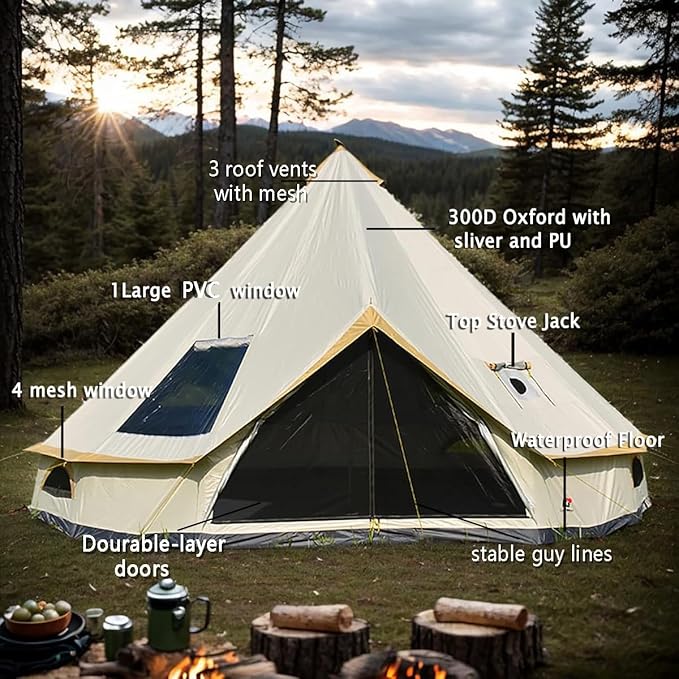 Backpacking Bell Tent with Top Stove Jack for All Year Camping 300D Oxford Waterproof Yurt Tents for GlampingPartiesOutdoor Events(Off White13ft/16.4ft)