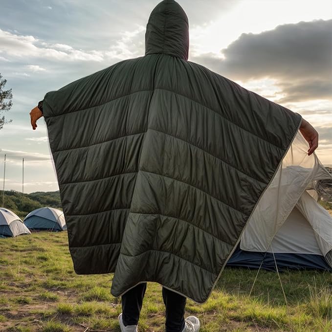 Portable Self-Folding Cotton Blanket Camping Warm Poncho Sleep Bag Outdoor Warm Wearable Cloak with Large Pockets