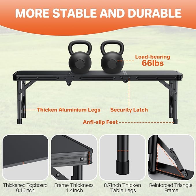 FUNYKICH 3ft Low Folding Camping Table with Carry Bag 34.2'' Lx15.7'' W Portable Picnic Tables Lightweight Thicker Aluminum Beach Table with Carry Handle for Beach Camping Picnic Black
