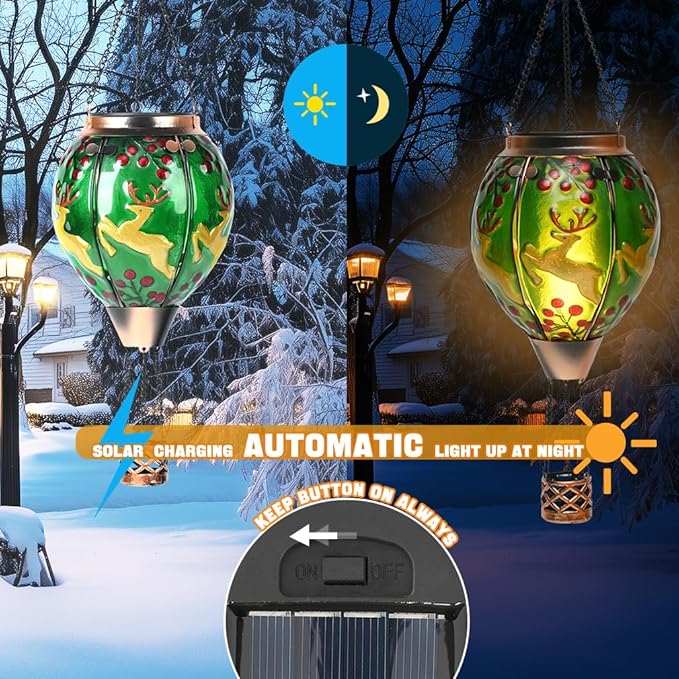 Solar Powered Hot Air Balloon Lantern - Reindeer Glass Lantern Simulated Flickering &amp Dancing Flame Outdoor Hanging Yard Light Waterproof IP65 for Patio Lawn Porch Christmas Decor Gift