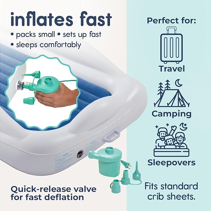 Hiccapop Inflatable Toddler Travel Bed with Safety Bumpers [4-Sided] | Portable Toddler Bed for Kids | Toddler Air Mattress | Kids Air Mattress - Navy Blue