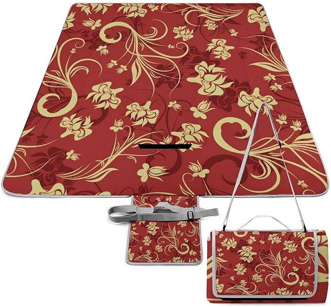 Flower Maroon Gold Floral Classy Burgundy Antique Waterproof Outdoor Picnic Blanket Sandproof Beach Mat for Camping Hiking Grass Travelling