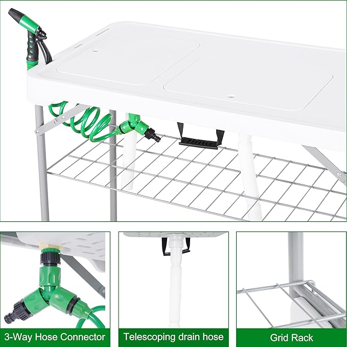 Allpop Fish Cleaning Table with 2 Sinks &amp Grid Rack 42.5'' Portable Folding Camping Fish Station with Foldable Faucet Drainage Hose Sprayer Storage Box Drawer &amp Grooves for Picnic White