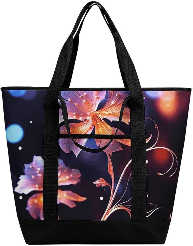 Insulated Shopping BagLarge Reusable Cooler Bags Cool Decorative FLowers Printed Foldable Shopping BagTravel Waterproof Shoulder Bag