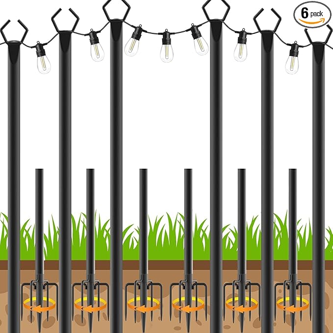 6 Pack String Light Poles Outdoor String Light Pole 10 ft Forked Metal Light Pole with Adjustable Outdoor Light Stand Deck Backyard Garden Wedding Rustproof and Sturdy with Hooks.