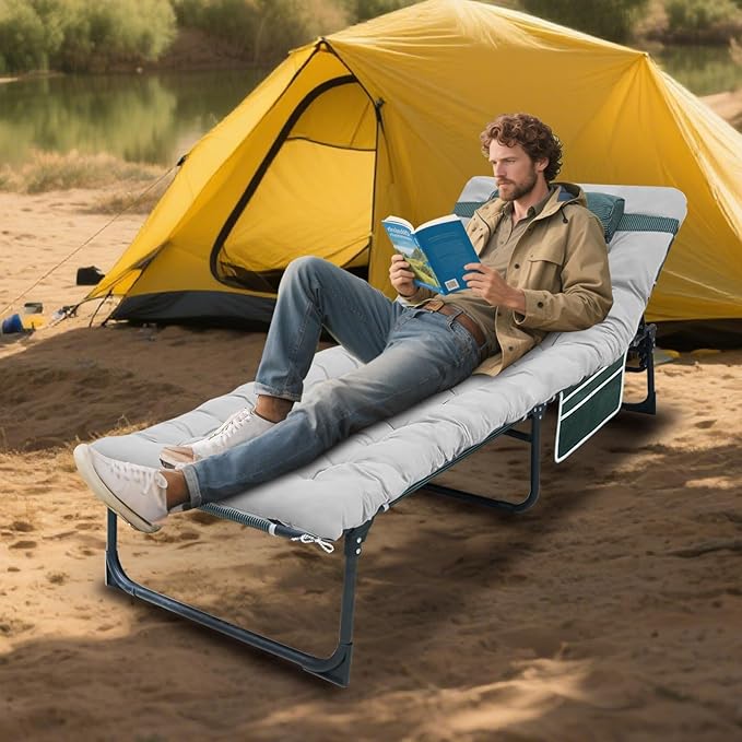 YELLOW JACKET Folding Sleeping Cot Camping Cot with Mattress for Adults 450lbs Max Load Portable Camping Cot with Pillow Adjustable 5-Position Cot for Camping HomeOfficeTravel