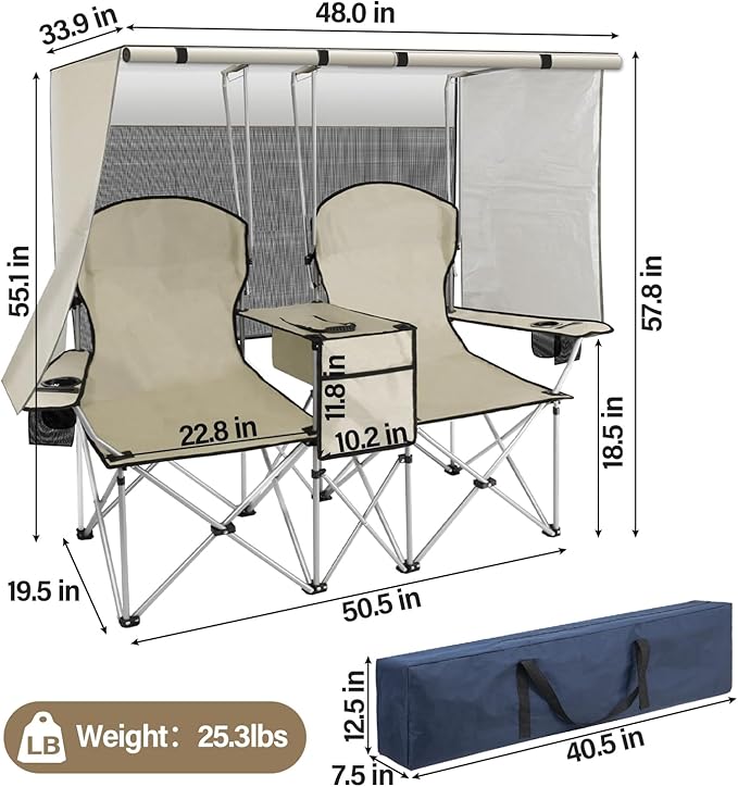 BDL Double Camping Chair with Canopy Two Person Folding Loveseat with Shade Heavy Duty Beach Chair with Cooler Bag Cup Holder for Outside Fishing Sports Beach-White