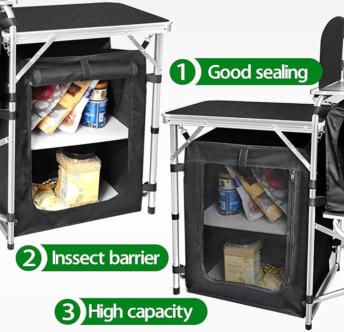 CampLand Folding Camping Kitchen Table with WindscreenPortable Outdoor Cooking Station with Storage Cabinet &amp Side Tables Heavy Duty Camp Cook Station for Camping &amp BBQ (Black3cabinet)