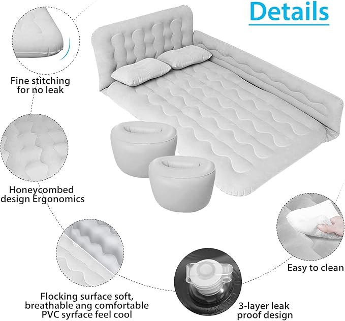 ISWEES Car Bed SUV Air Mattress Car Air Mattress with Electric Pump 2 Inflatable Pillows and 2 Footrests for Back Seat Side SeatTrunk Sleeping Thickened Camping Bed - Grey