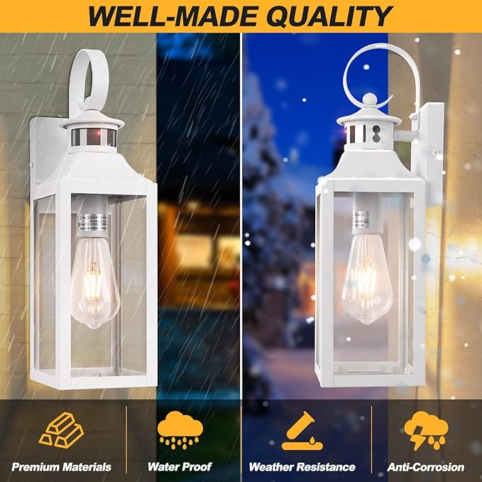 16 Motion Sensor Outdoor Wall Lights 2 Pack - White Dusk to Dawn Outdoor Lighting Wall Mount Modern Exterior Light Fixtures Waterproof Outside Lamps for House Garage